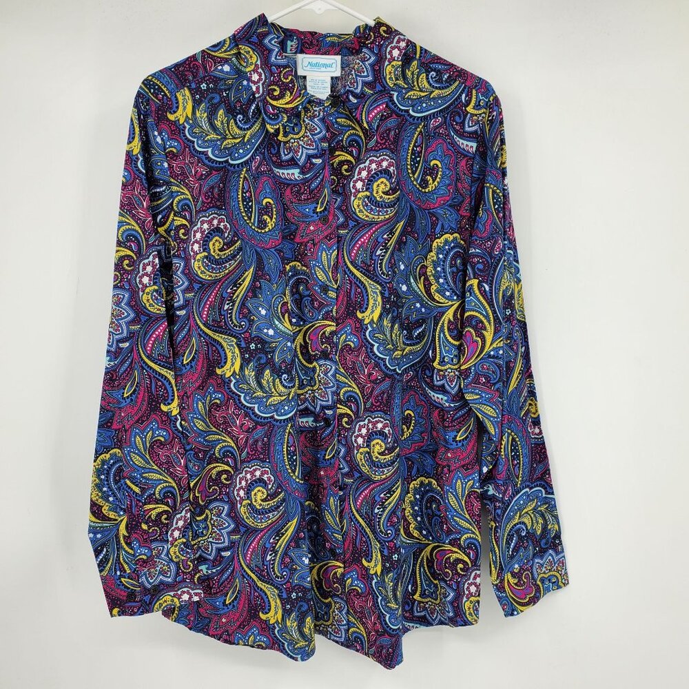 National Blue Paisley Print Multicolor Women's‎ Button Down Collared Shirt 1X
